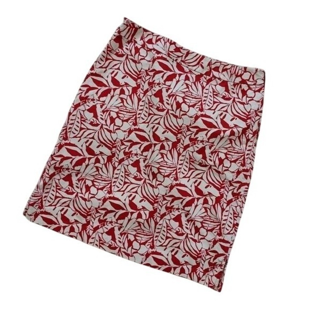 Red White Tropical Leaf Print Cotton Mini Skirt Sz 1 Botanical Beach Resortwear